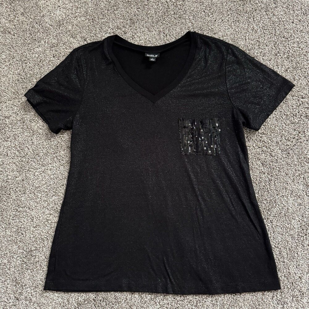 Allen B Black Glitter Sparkle Short Sleeve Top Sequin Pocket Size Large *RARE*